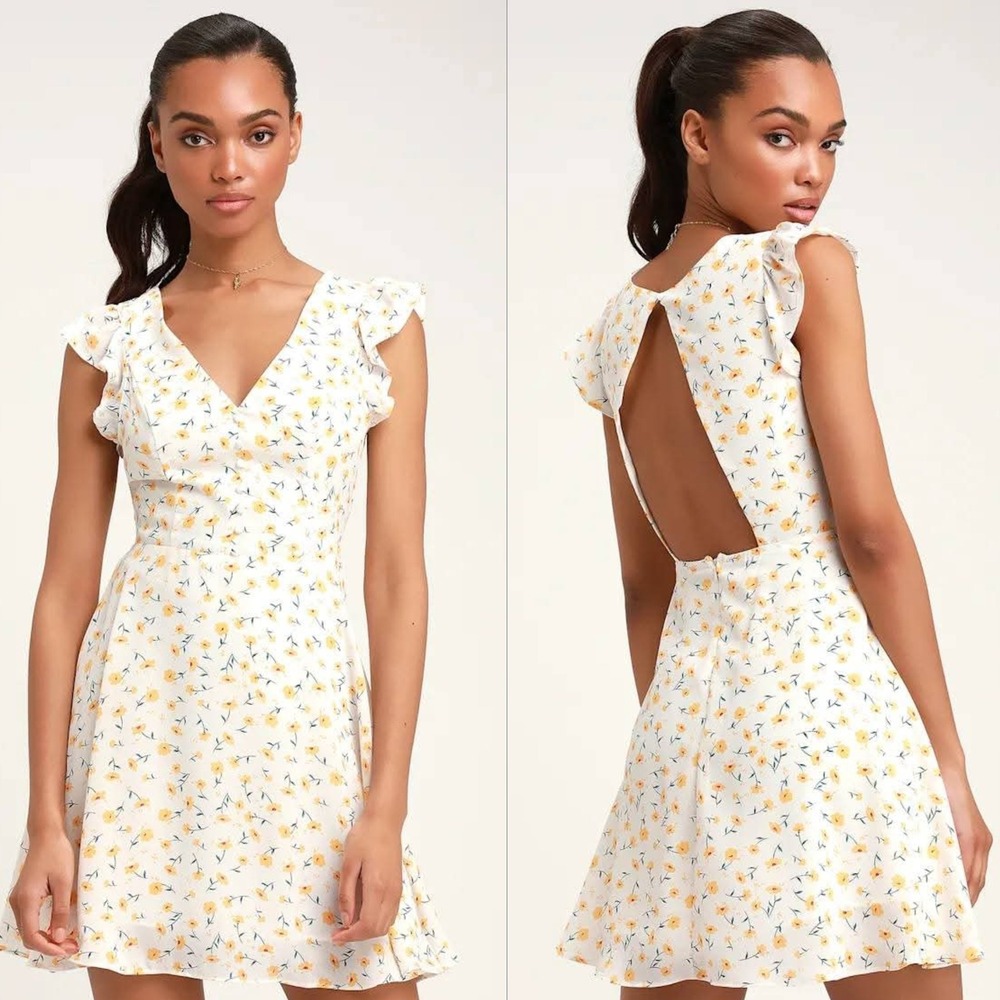 Lulus Floral Mini Dress Women Large White‎ Yellow New Ruffle Cutout Back V-Neck